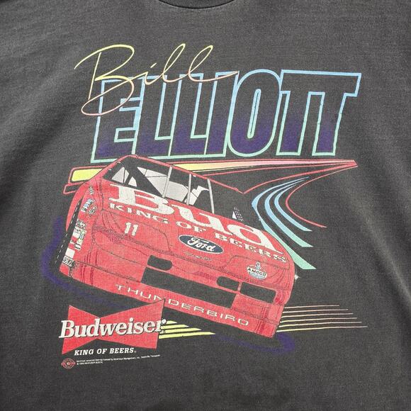Vintage Nascar Bill Elliott Shirt XL Black Faded Stained Racing 90s Budweiser - Picture 3 of 14